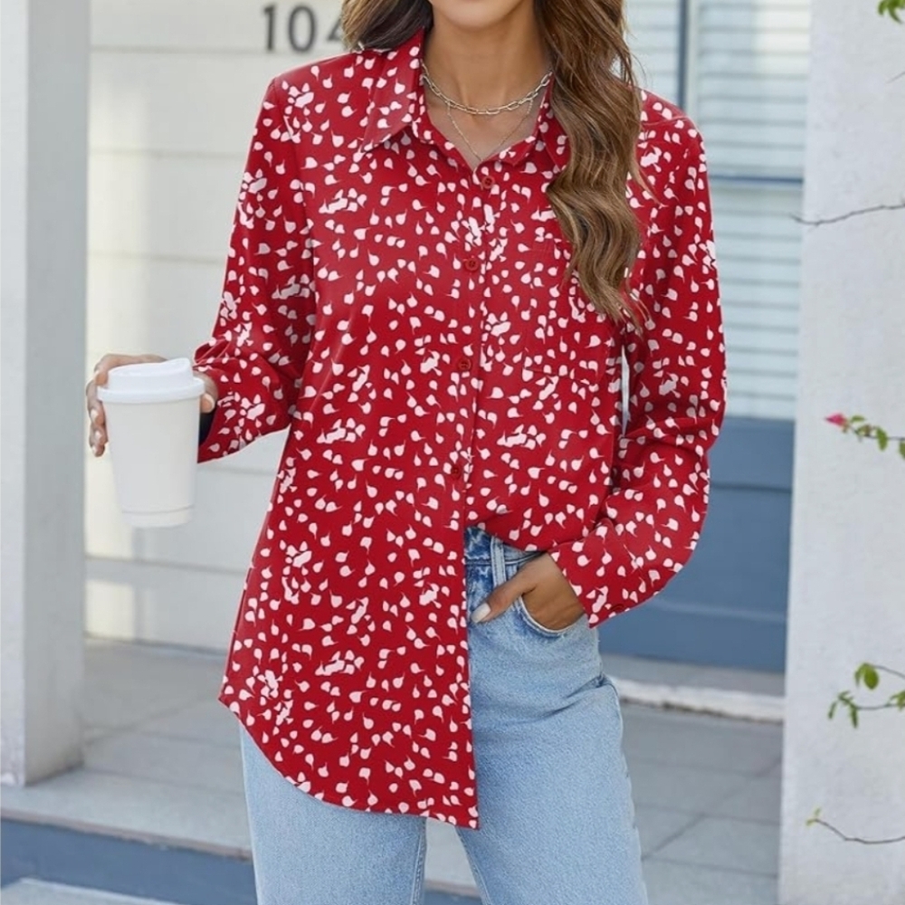 Red and White Patterned Blouse